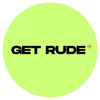 Neon green ball with 'GET RUDE' text on a white background